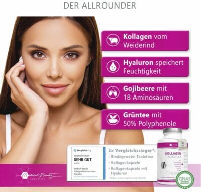 Stärken Sie Haut, Haare und Nägel mit 180 Kapseln Premium Kollagen, reich an Vitaminen und Mineralien.