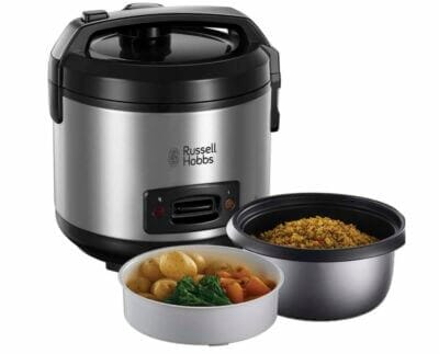 Genieße perfekten Reis mit Russell Hobbs 27080-56: Aroma-Klappdeckel, Warmhaltefunktion, inklusive Messbecher und Reislöffel.