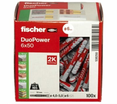 Innovativer 2-Komponenten-Dübel fischer DuoPower 6 x 50, für Beton, Ziegel, Gipskarton, 100er Pack.