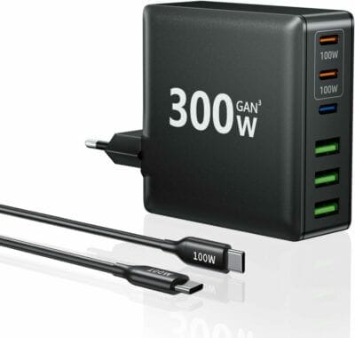 Das 300W USB-C Ladegerät lädt mehrere Geräte gleichzeitig mit Höchstgeschwindigkeit und intelligenter Energieverteilung.