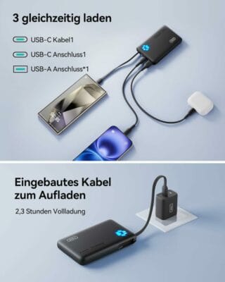 Kompakte 10.000 mAh Power Bank mit 20W Schnellladefunktion für iPhones, Samsung und mehr.