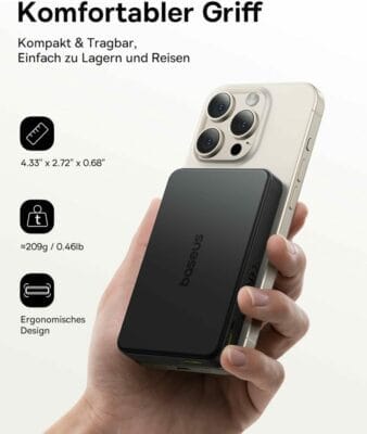 Kompakte externe Batterie mit magnetischer Halterung und 15W Wireless Charging.