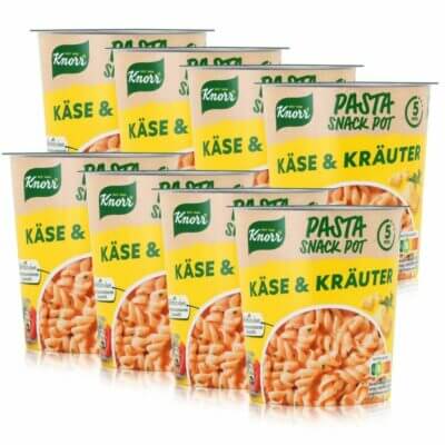 Cremige Käse-Nudeln mit feinen Kräutern – einfach mit heißem Wasser aufgießen und in fünf Minuten genießen. Der Knorr Pasta Pot im 8er Pack. 