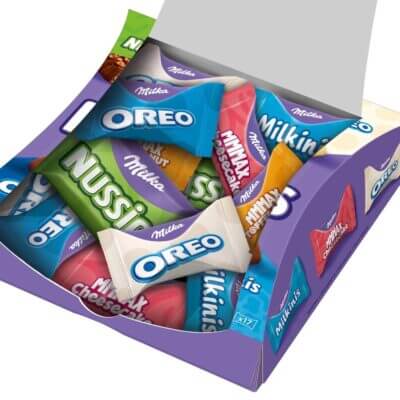 Offene Packung Milka Favourites in der der Inhalt zu sehen ist