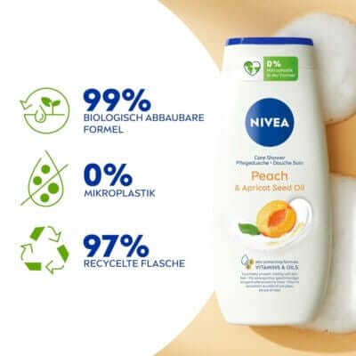 NIVEA Peach und Apricot Seed Oil Pflegedusche - 40% Rabatt 5 Der fruchtige Pfirsich-Duft sorgt für ein frisches Duscherlebnis.