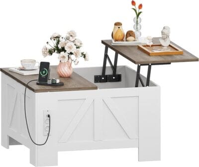 Ein höhenverstellbarer Couchtisch bietet mit seinem innovativen Metalllift eine variable Nutzung als Arbeitsplatz oder Wohnzimmertisch.