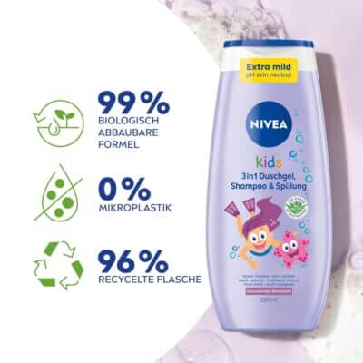 3-in-1-Formel aus Duschgel, Shampoo und Spülung für eine milde Pflege.