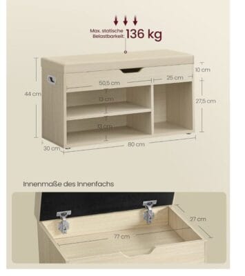 VASAGLE Schuhbank mit Sitzfläche - 45% Rabatt 6 Schuhbank Produktmaße und Tragkraft