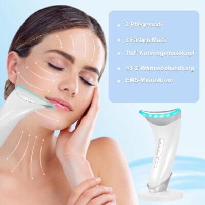 Hochmodernes Gesichtsmassagegerät mit EMS-Technologie, Lichttherapie und Vibrationsmodus für straffere Haut.