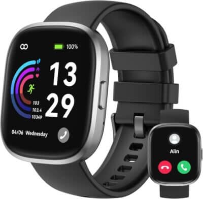 Smarte Uhr mit Telefonfunktion, Fitness-Tracking und großem HD-Touchscreen.
