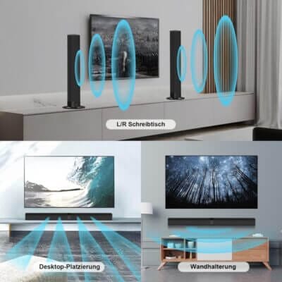 Kraftvolle 90W Soundbar mit abnehmbaren Lautsprechern und drei EQ-Modi für dein individuelles Klangerlebnis.