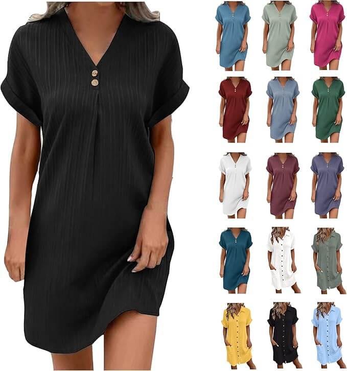 Damen Blusenkleid mit V-Ausschnitt und Knöpfen – 50% Rabatt