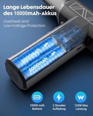 Wiederaufladbar mit 10.000 mAh Akku – ganz ohne Druckluftspray.

