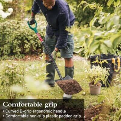 Gartenspaten mit stabilem Stahlblatt und ergonomischem Griff.
