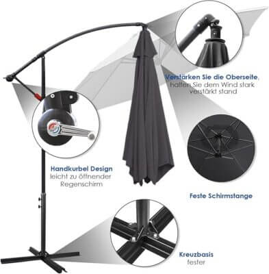 Der Sonnenschirm Ø300/350 cm mit Kurbel bietet effektiven UV-Schutz auf großer Fläche.
