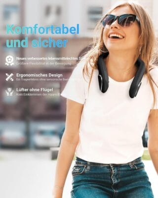 Ein tragbarer Nackenventilator bietet kabellose Abkühlung mit leisem Betrieb – ideal für unterwegs.