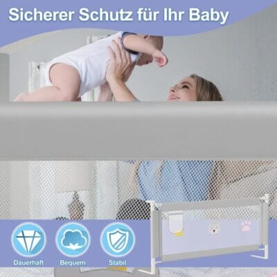 Das klappbare Bettgitter sorgt für sicheren Schlaf und lässt sich bei Bedarf einfach verstauen.
