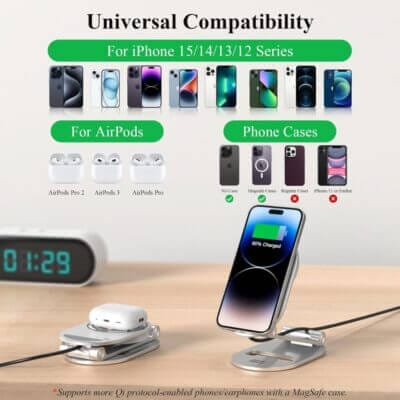 Inklusive verstellbarem Aluminiumhalter für iPhones und AirPods.
