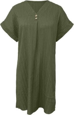 Leichtes Sommerkleid mit V-Ausschnitt, A-Linie und Knopfleiste.
