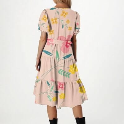 Feminines Kleid in A-Linie mit Puffärmeln, Blumenmuster und Taillengürtel
