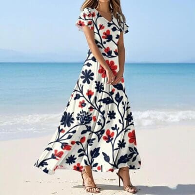 Leichtes Sommerkleid mit V-Ausschnitt, Kurzarm und floralem Muster – perfekt für heiße Tage.
