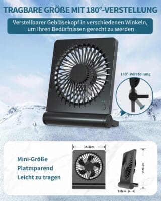 Ein kleiner Tischventilator bietet erfrischende Luftzirkulation bei minimalem Platzbedarf.
