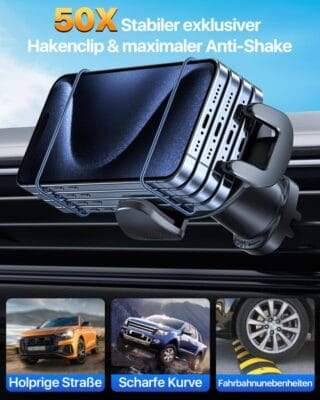 Sichere Handyhalterung mit starkem Saugnapf für stabile Befestigung im Auto.
