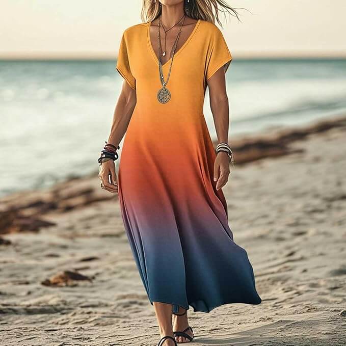 Langes Sommerkleid mit V-Ausschnitt – 50% Rabatt