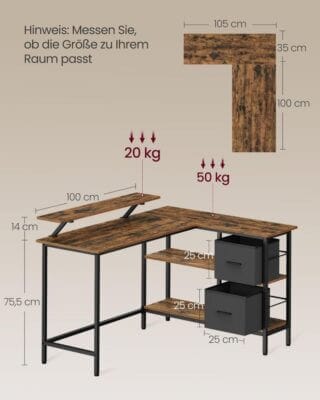 L-förmiger Schreibtisch mit viel Arbeitsfläche und stabilem Metallgestell.