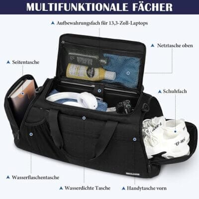 Geräumige Tasche mit separatem Schuhfach – ideal für Sport und Reisen.
