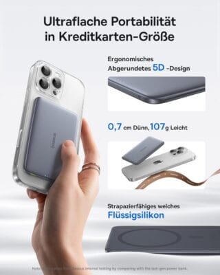 Kompakte Power bank mit 10.000 mAh und Schnellladefunktion.
