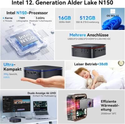 Kompakter Mini-PC mit Windows 11 Pro, 8 GB RAM und 256 GB SSD.
