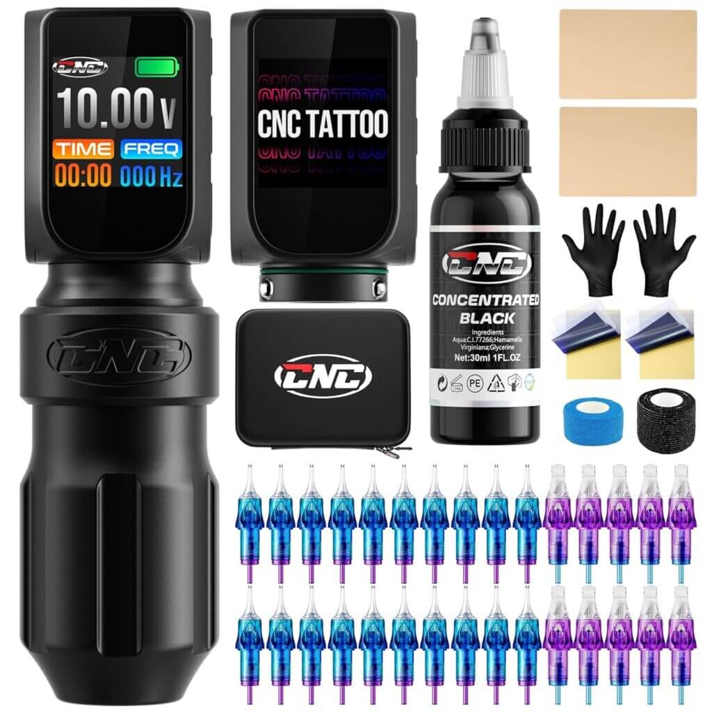 Kabelloses CNC Tattoo-Set mit 2 Akkus, Tragetasche und 30 gemischten Nadeln – 30% Rabatt