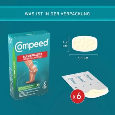 Compeed Blasenpflaster Extreme mit extra starkem Halt und sofortiger Schmerzlinderung.
