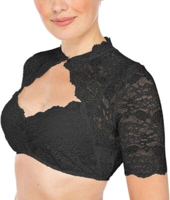 Spitzenbluse mit tiefem Ausschnitt und elastischem Bund – ideal fürs Dirndl.