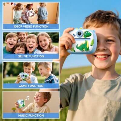 Kinderfreundliche Sofortbildkamera mit Druckfunktion für kreative Fotoideen.
