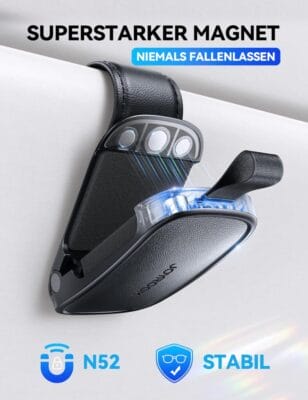 Sicherer Clip zur Aufbewahrung von Brillen an der Sonnenblende im Auto.
