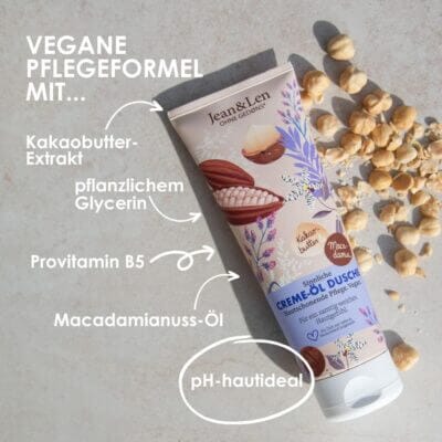 Jean & Len Creme-Öl Dusche mit Kakaobutter und Macadamia-Öl für geschmeidige Haut.
