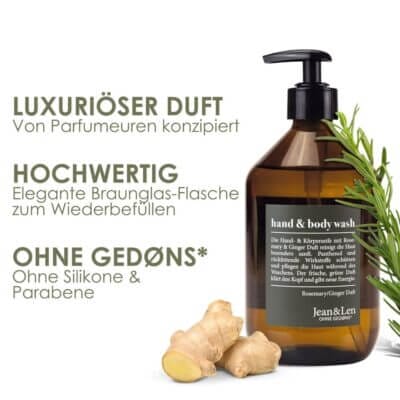 Sanfte Reinigung mit pflanzlichen Inhaltsstoffen und natürlichem Duft - Jean & Len Hand & Body Wash
