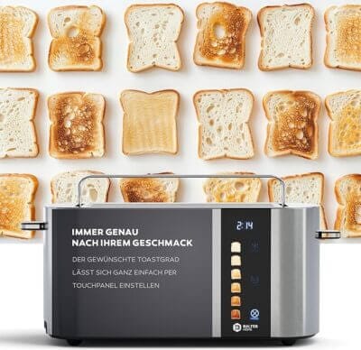 Vierfach-Toaster mit einstellbarem Bräunungsgrad und Auftaufunktion.