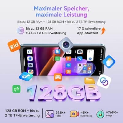 Android 15 Smartphone mit 12 GB RAM und 128 GB Speicher, erweiterbar auf bis zu 2 TB.
