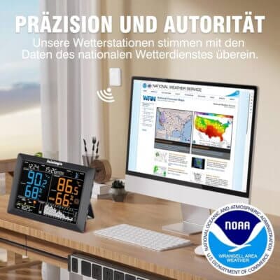 Digitale Wetterstation mit Thermometer zur Anzeige von Innen- und Außentemperatur.