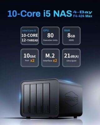 Leistungsstarkes 4-Bay-NAS mit Core i5-CPU und 10-Gigabit-Netzwerkanschluss für professionelle Anwendungen.