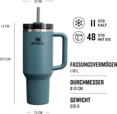 Robuste STANLEY Trinkflasche mit Strohhalm und auslaufsicherem Verschluss.
