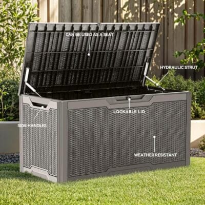 Wetterfeste Box mit viel Stauraum für den Garten.