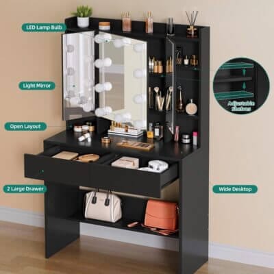 Schminktisch mit Spiegel und LED-Licht – ideal zum Schminken und Frisieren.
