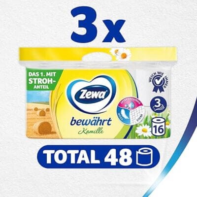 3-lagiges Zewa Toilettenpapier mit beruhigendem Kamillenduft.