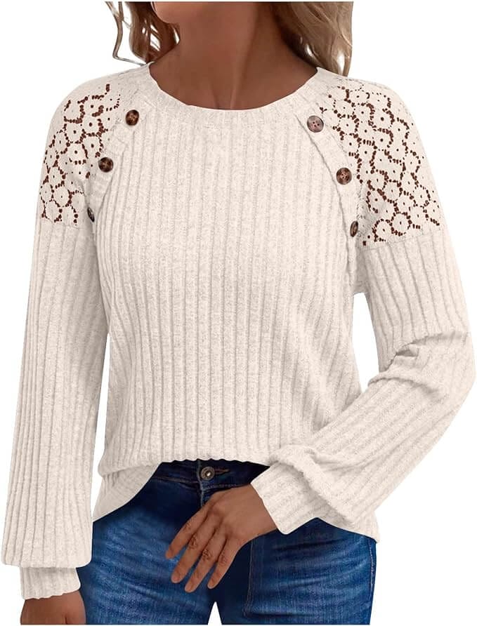 Damen Spitze Patchwork Langarmshirt – 50% Rabatt