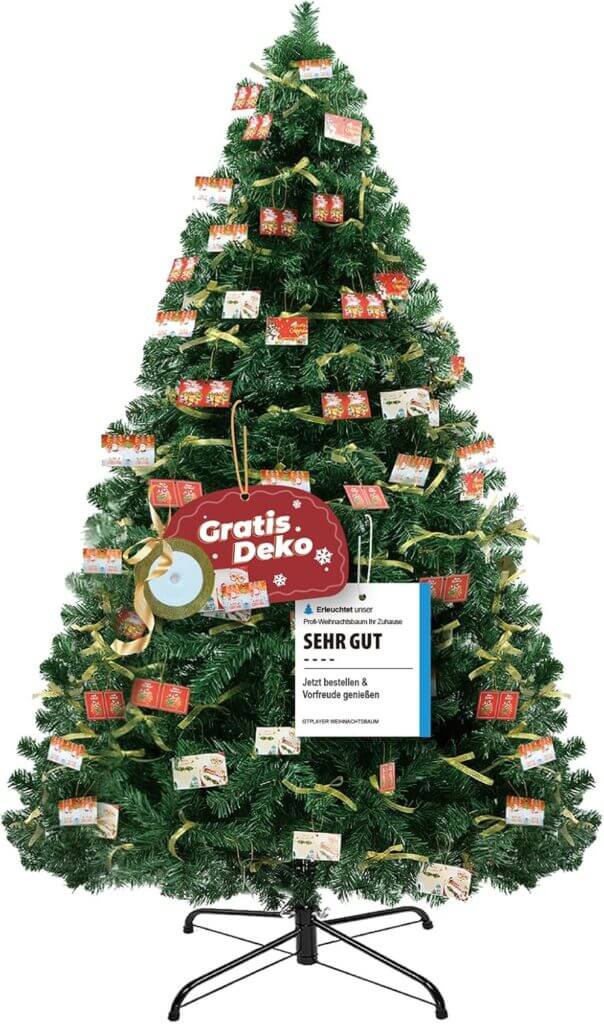 Künstlicher Weihnachtsbaum mit Weihnachtsdeko 195cm – 50% Rabatt