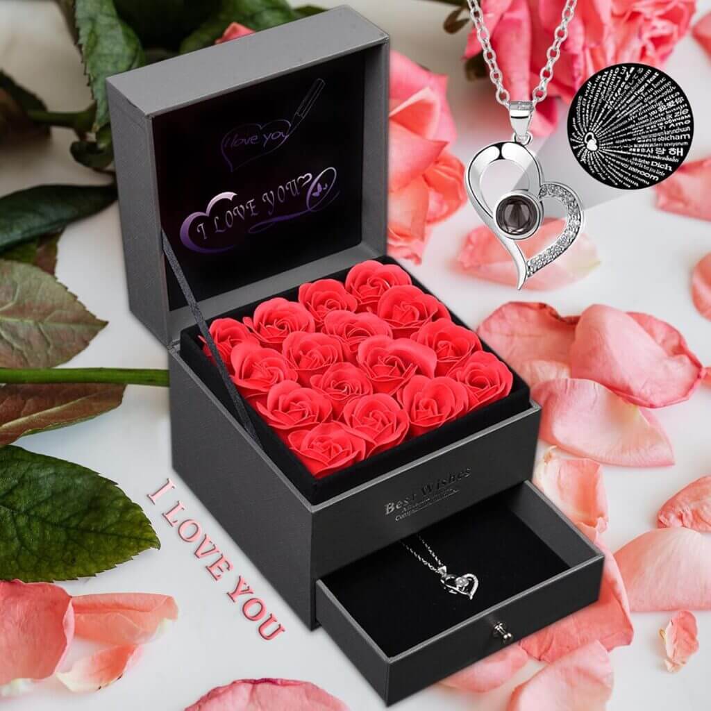 16 hochwertige Kunstrosen mit Kette in edler Geschenkbox – 50% Rabatt
